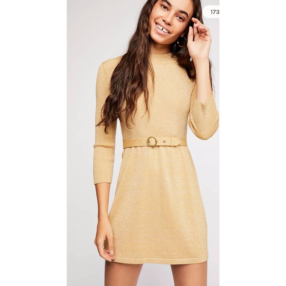 Free People French Girl Gold Metallic Mini Sweater Dress - L